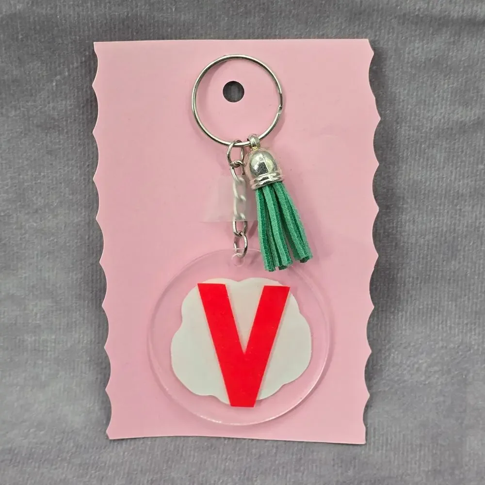 Letter Keychain Clear Silver Circle Handmade‎ Acrylic Tassel Flower V Green